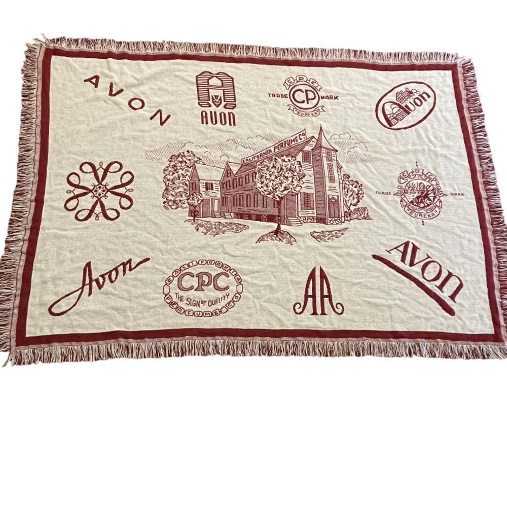 Vintage Rare Avon Mrs Albee Collectible Throw Blanket Red Cream